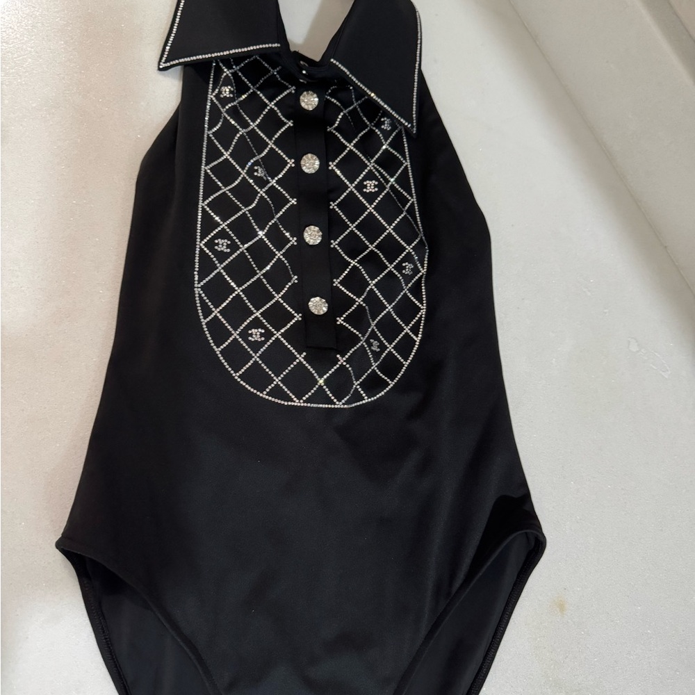 Chanel 23C Black Crystal Collar CC Swimsuit 38